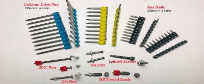 Stainless Steel (drive pins & gas nails), most hardness, get good penetration at satisfaction